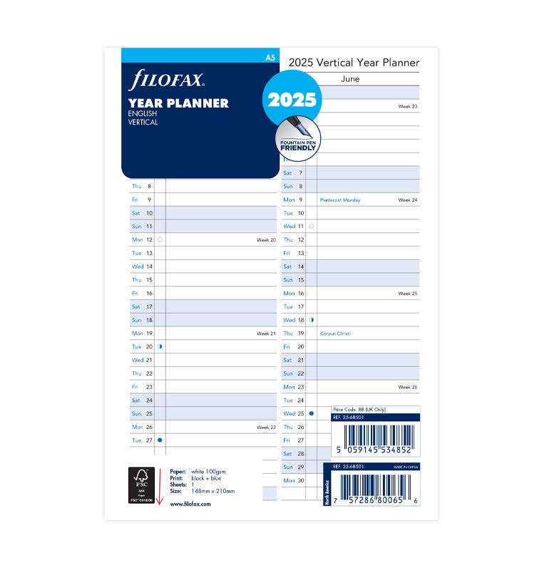 Vertical Year Planner - A5 2025 English